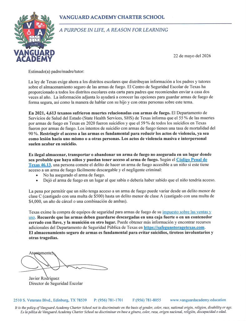 A document from Vanguard Academy Charter School. The text is written in Spanish, with dates and signatures.