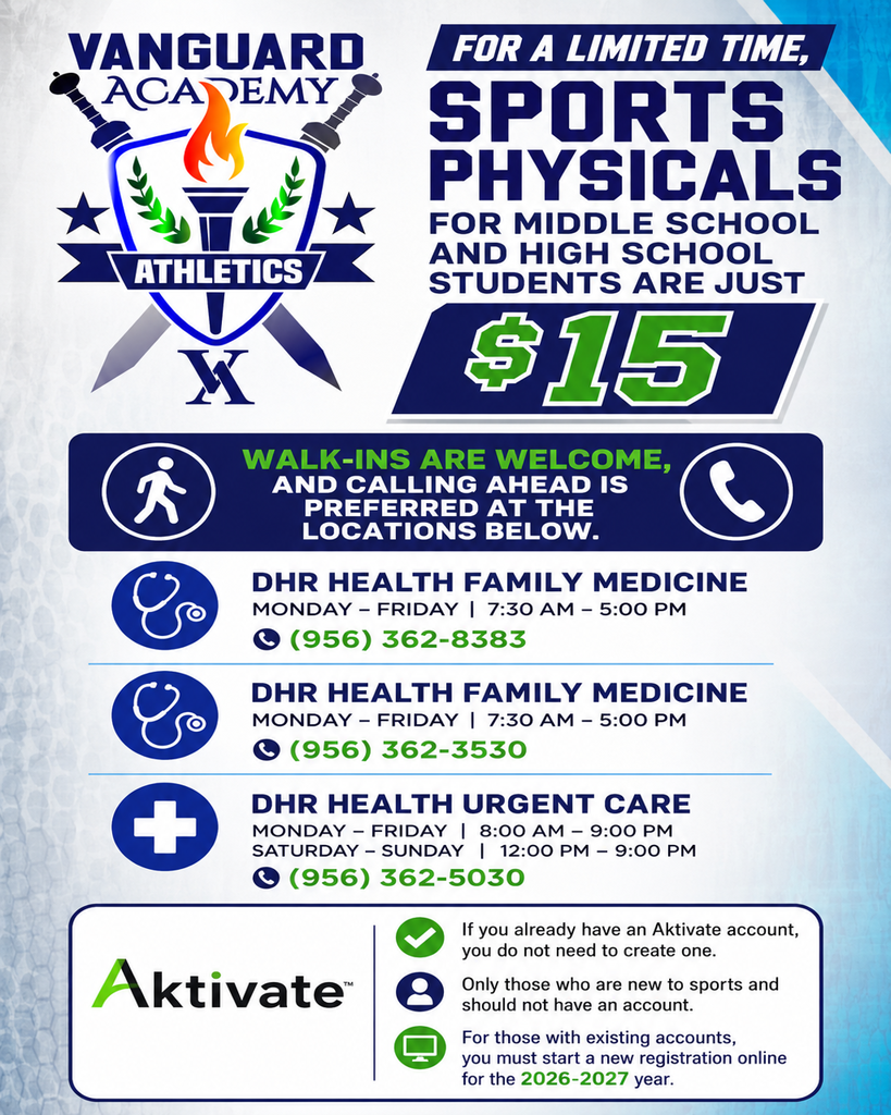 Poster with blue background. Offers sports physicals for middle school students at $15. Details on walk-ins and appointment times.