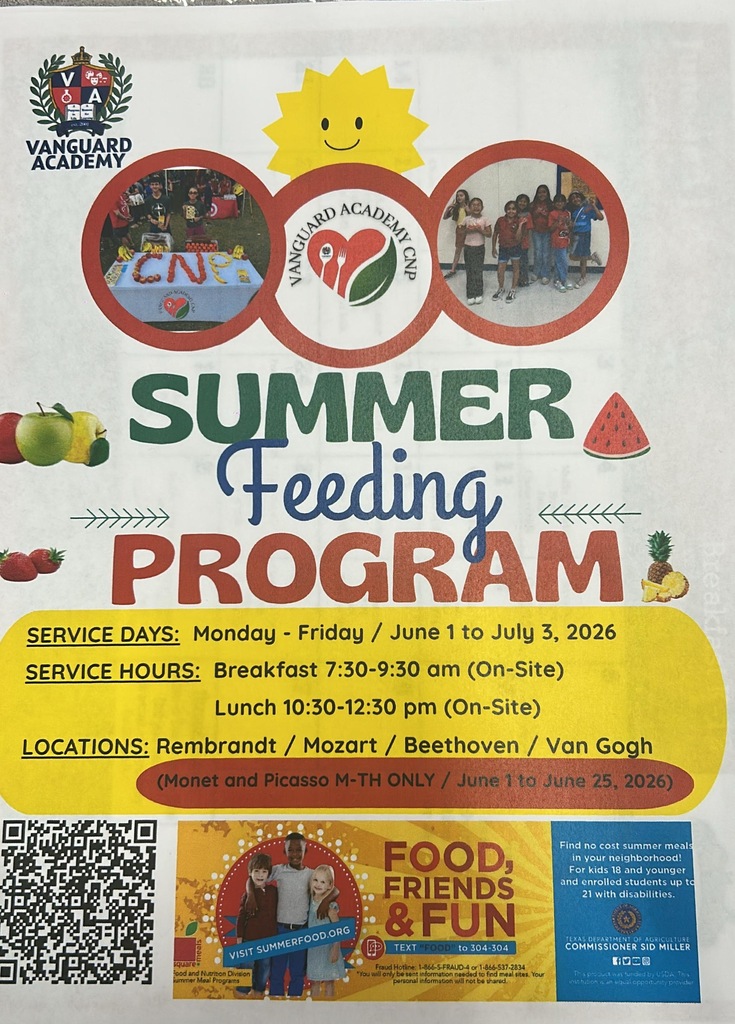 A poster advertises the Summer Feeding Program. It includes the dates, hours, and locations. The image has four circles with different pictures.