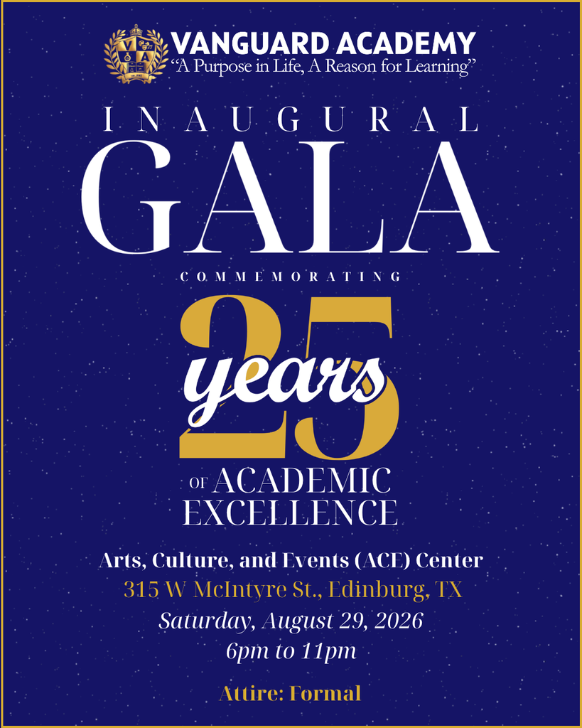 Blue and gold text on a navy blue background reads "Inaugural Gala Commemorating 25 Years of Academic Excellence"