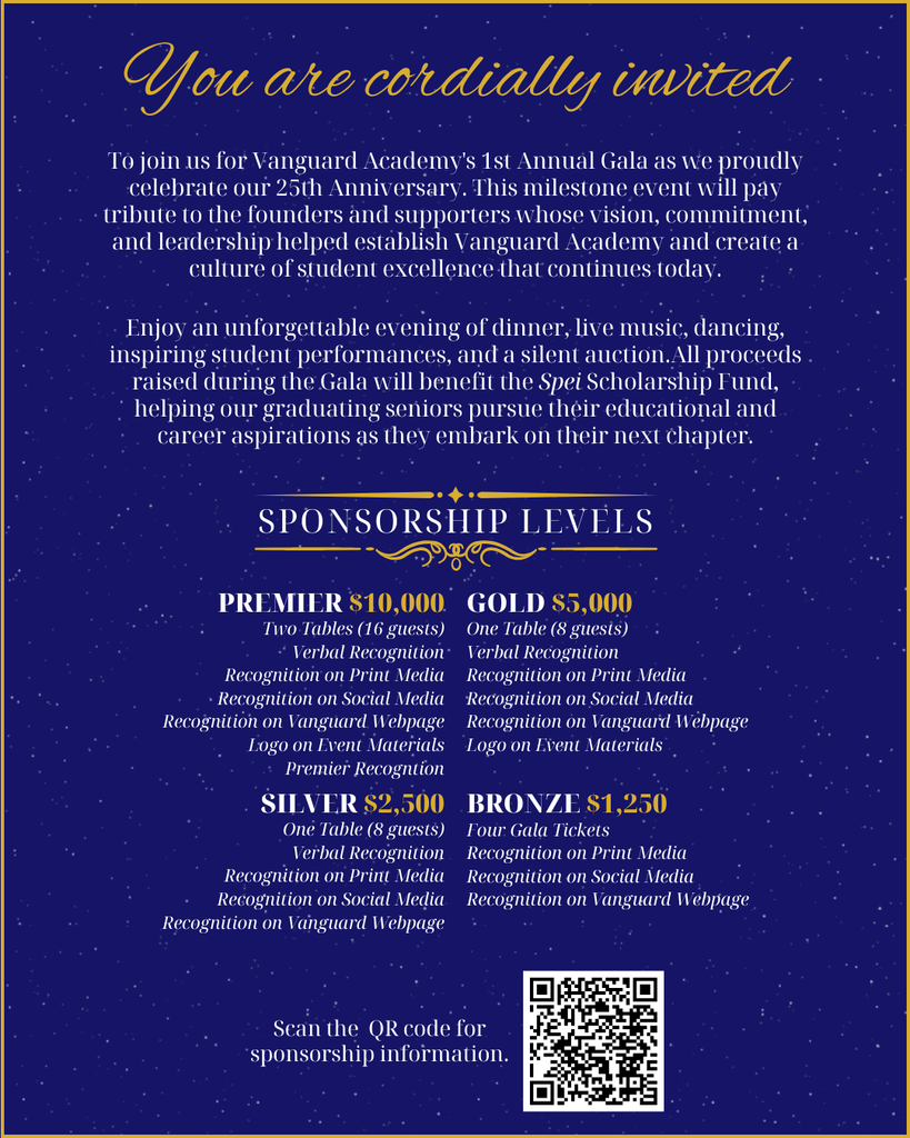A poster advertises a gala with dinner, live music, and dancing, inviting guests to celebrate the 25th anniversary. Sponsorship levels are listed, with recognition options.