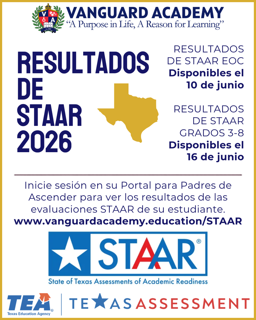 Poster with a yellow map of Texas and text "RESULTADOS DE STAAR 2026". Below, information about results and dates.