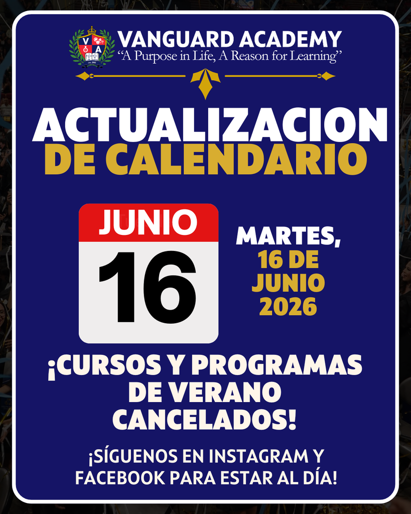 Blue sign with white text states "Actualización de Calendario" and red box with white text reads "Junio 16". It says "Cursos y Programas de Verano Cancelados!" in white text.