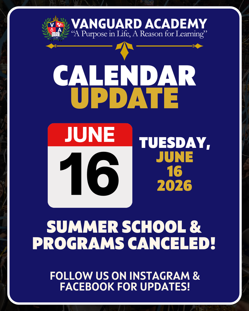 Blue background with white text. "CALENDAR UPDATE" in large, bold letters. Date "JUNE 16, 2026" below. White square with "JUNE 16" on red background. Below that, "SUMMER SCHOOL & PROGRAMS CANCELED!"
