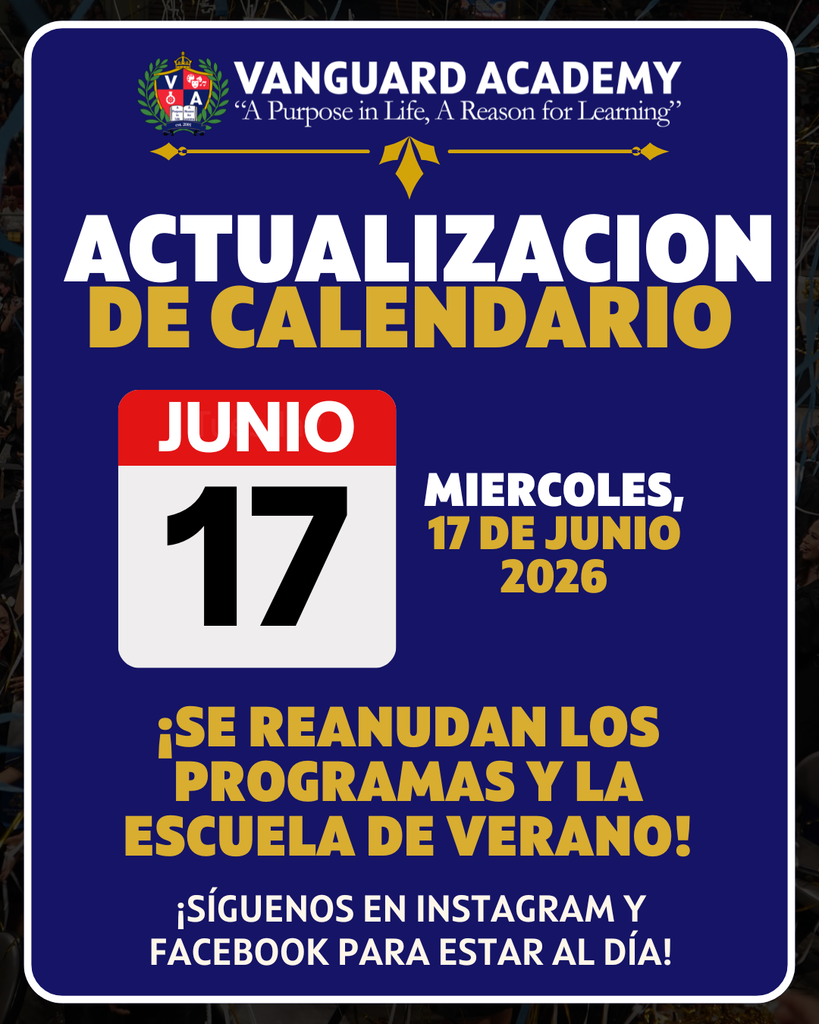 Blue background with white text and red box displaying "Actualización de calendario" and "JUNIO 17". Below is "¿SE REANUDAN LOS PROGRAMAS Y LA ESCUELA DE VERANO?"