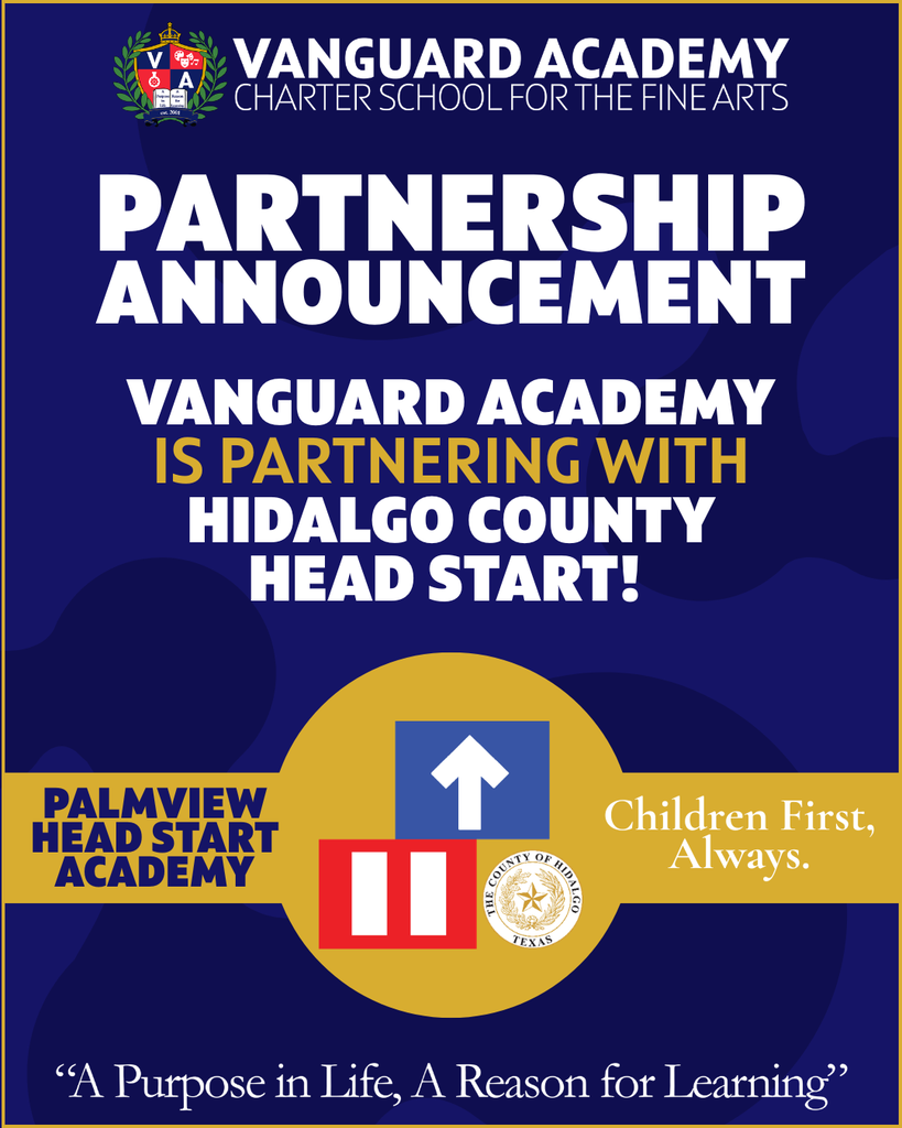Blue backdrop with white text. "Partnership Announcement" at top. "Vanguard Academy is partnering with Hidalgo County Head Start!" in bold. Logos below.