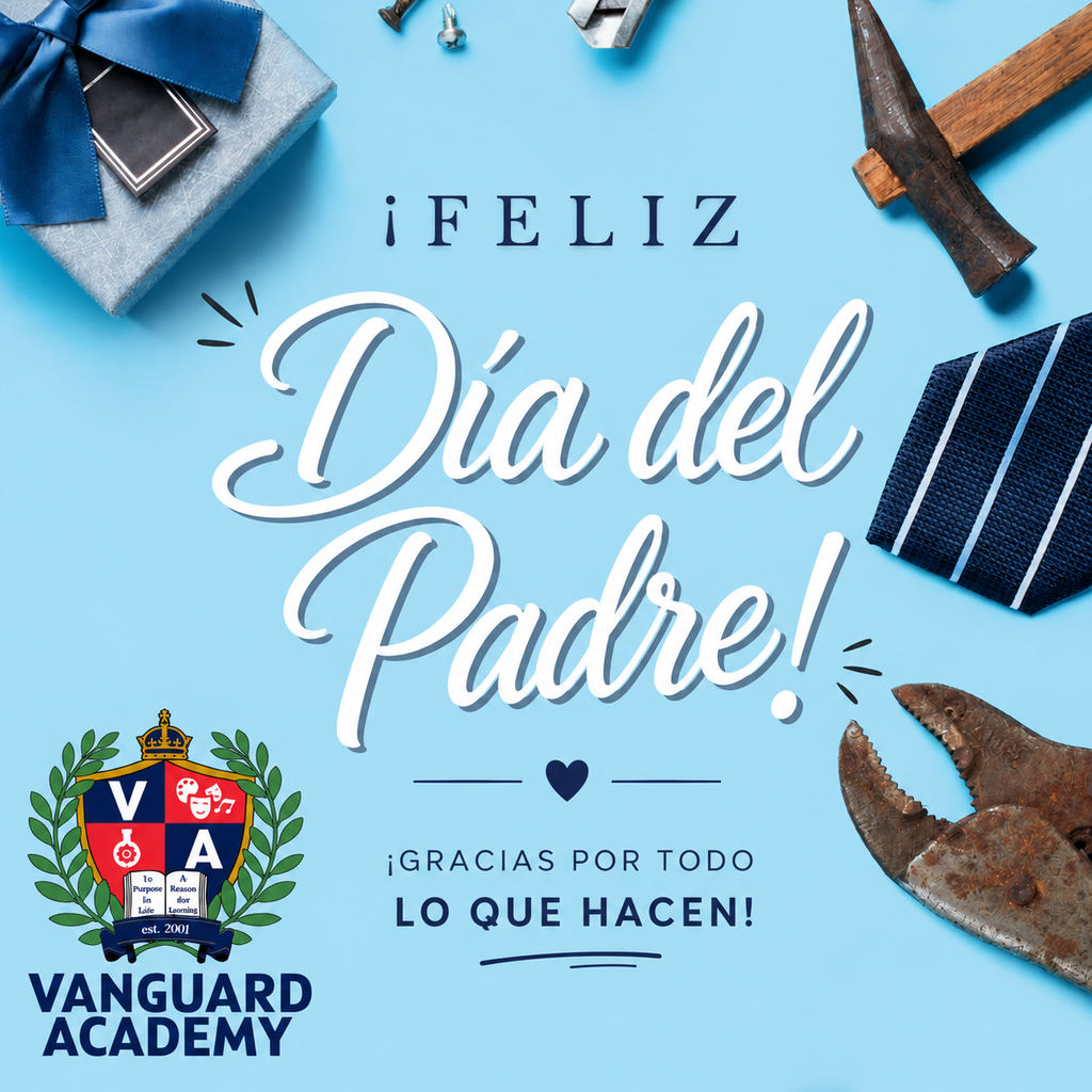 Blue background with text in Spanish, "Feliz Día del Padre!" and "Gracias por todo lo que hacen!" Tools, a gift, and logos.