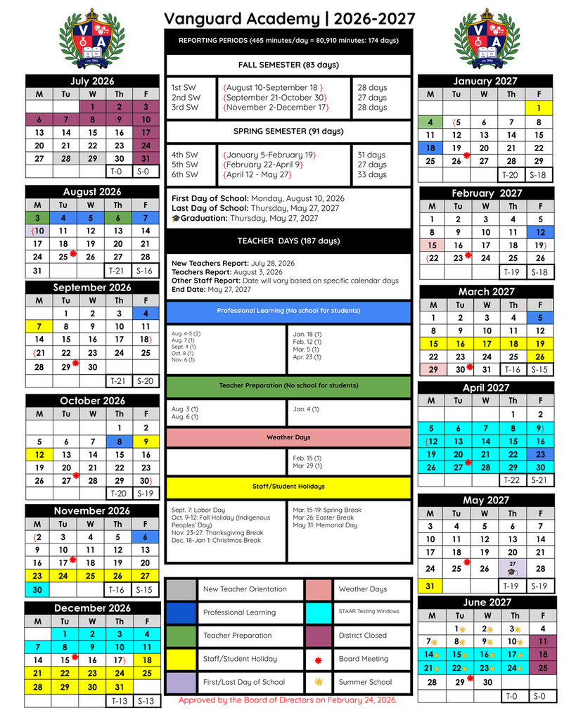 A school calendar for Vanguard Academy is shown for 2026 to 2027. Months are organized with dates, holidays, and special days highlighted.