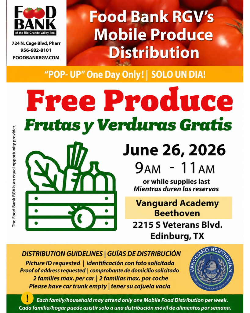 Flyer for Food Bank RGV's Mobile Produce Distribution event on June 26, 2026, from 9AM-11AM at Vanguard Academy.