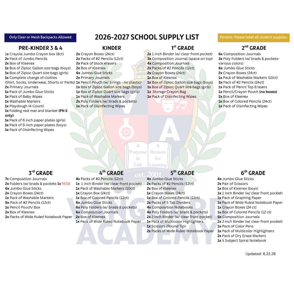 A white page lists school supply requirements for various grades. It is divided into sections for pre-kindergarten to sixth grade.