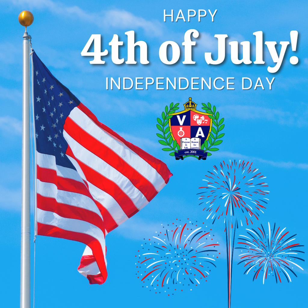 A flag waves in wind. Fireworks display behind flag. Blue sky with clouds. Text: "Happy 4th of July! Independence Day".