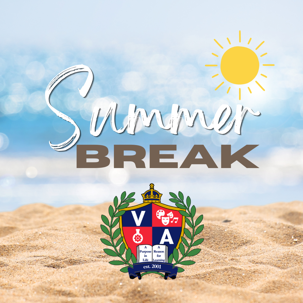 A beach scene with a summer break message and a sun. A logo with a crest is on the sand.