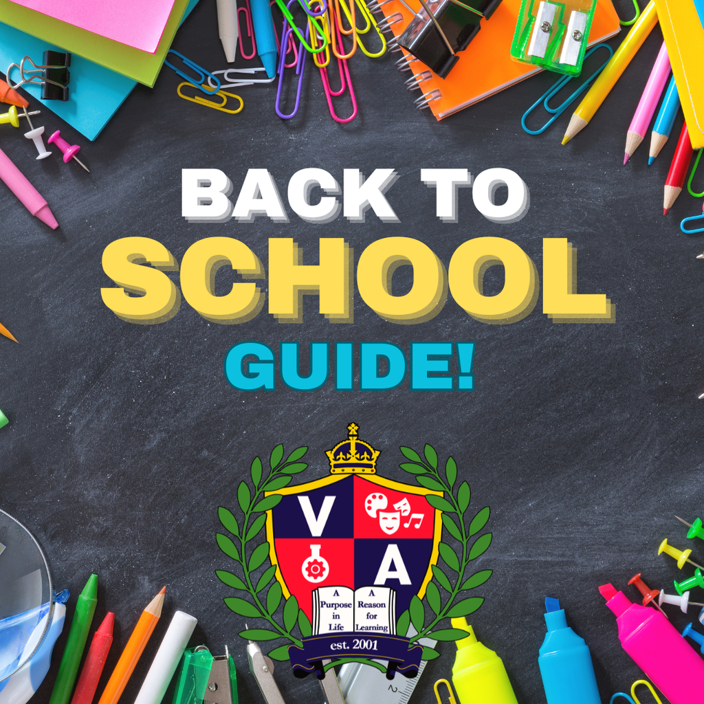A blackboard background displays a guide text. Various school supplies are scattered around, including pencils, pens, markers, and paper clips.