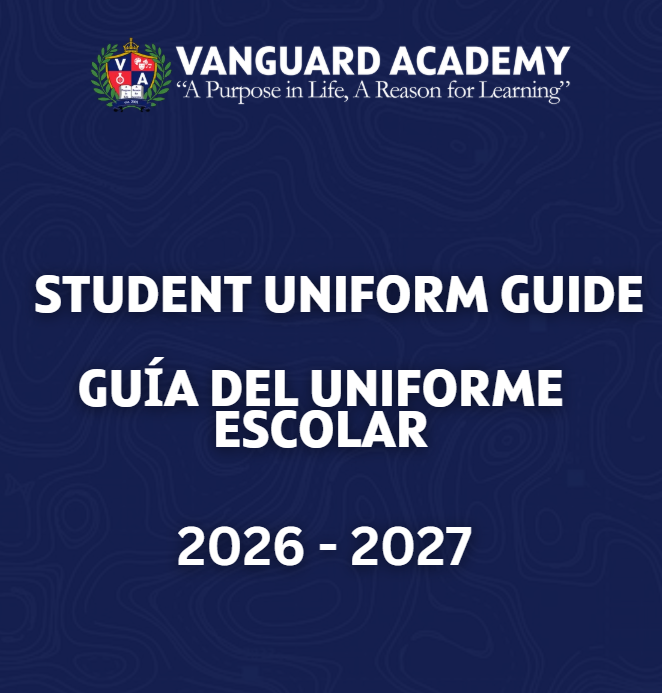 Title reads "Student Uniform Guide" with "Guía del Uniforme Escolar" below, school logo at top. Years 2026-2027 are displayed. Background is blue with a wave pattern.