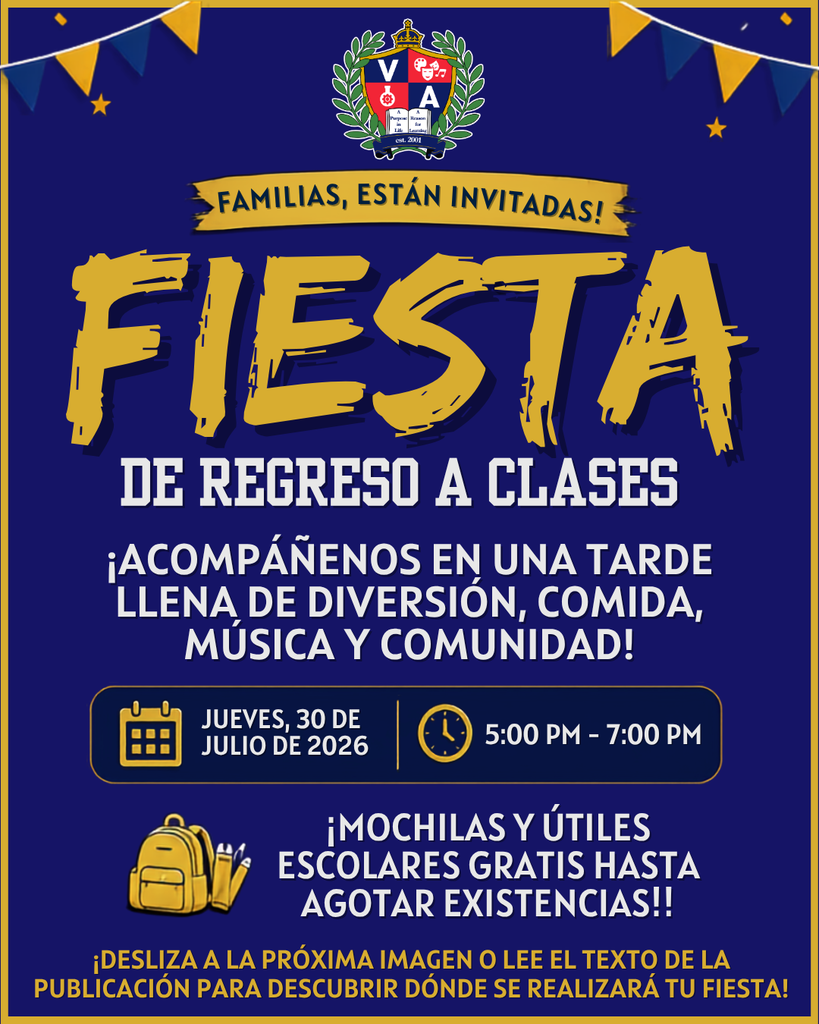 An invitation for "Fiesta de Regreso a Clases" in blue with a yellow border. It features a logo, text, and a backpack icon.