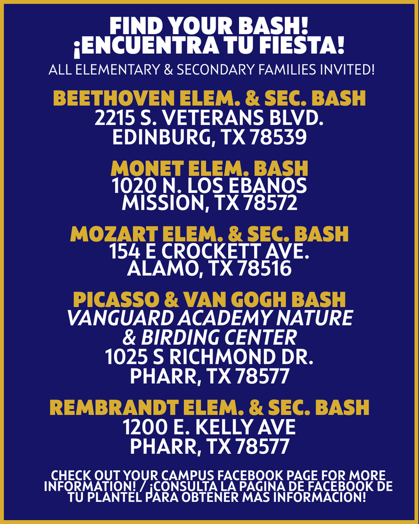 A flyer with blue background, displaying locations and addresses of Bash events for Beethoven, Monet, Mozart, Picasso, and Rembrandt Elementary.