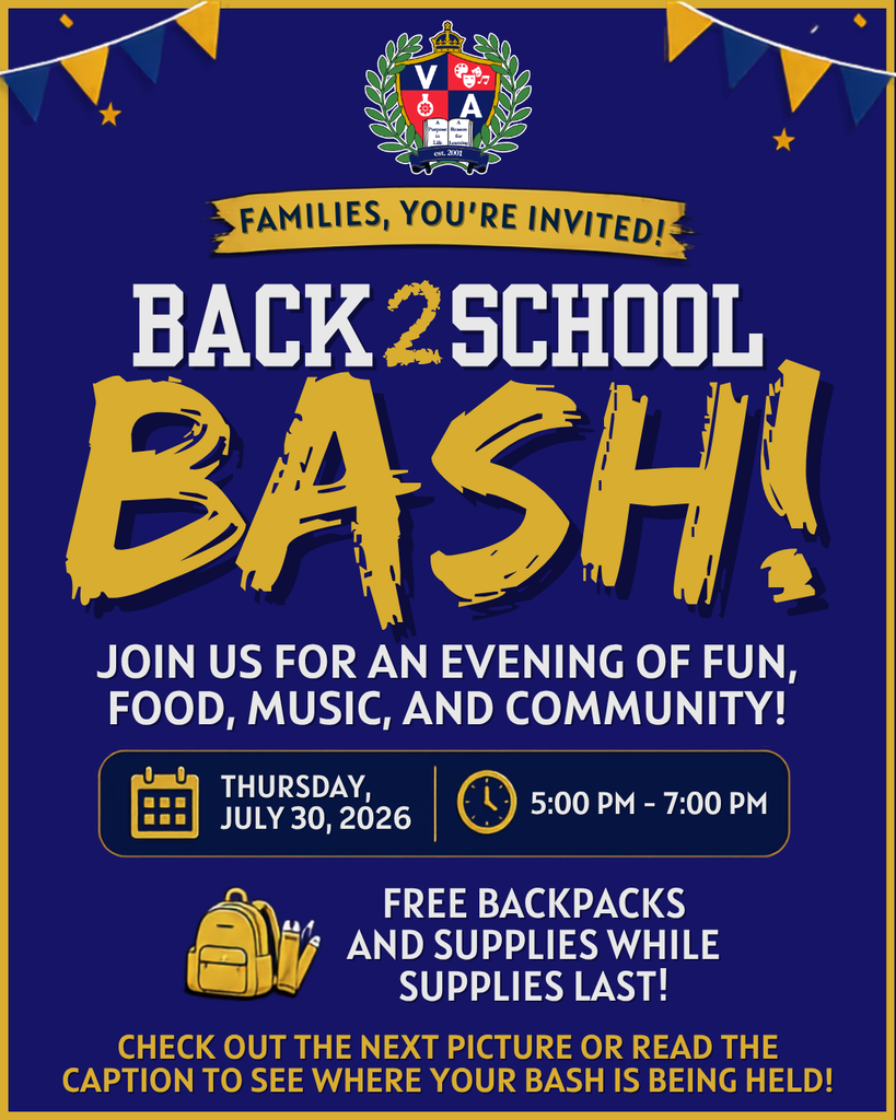 Blue poster for Back 2 School Bash event with yellow text, logo, and icons for date and time.