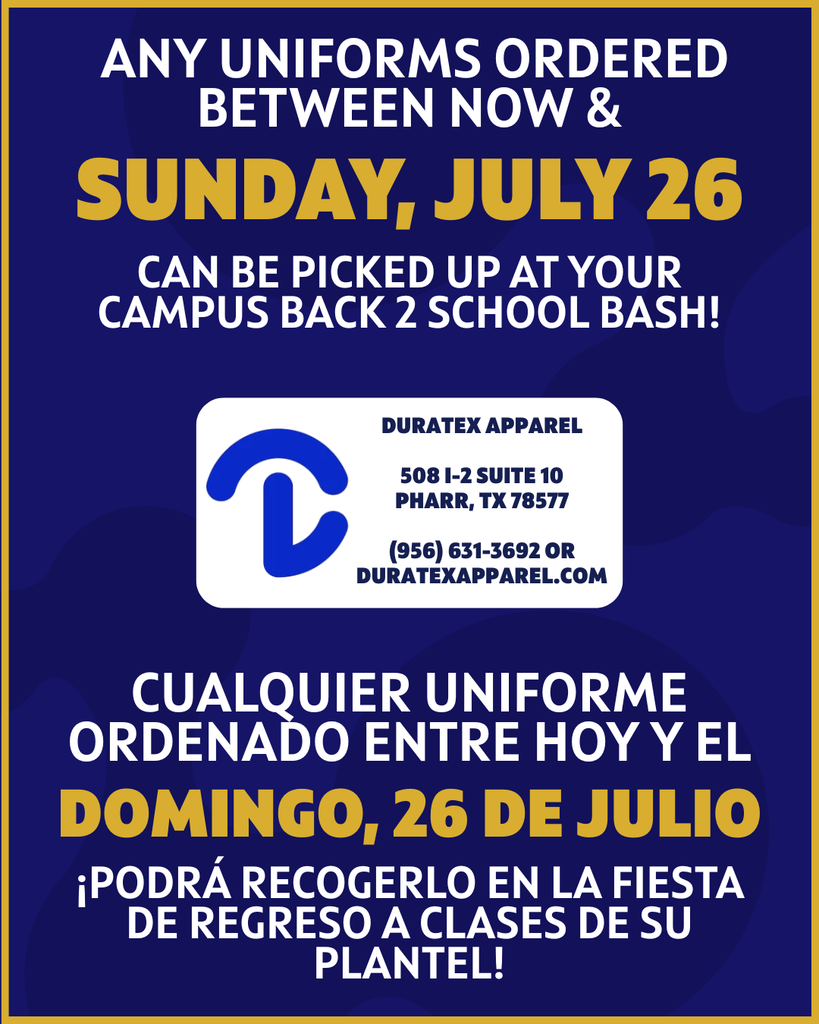 An advertisement for Duratex Apparel on blue background. It mentions a pickup of ordered uniforms at the school bash.