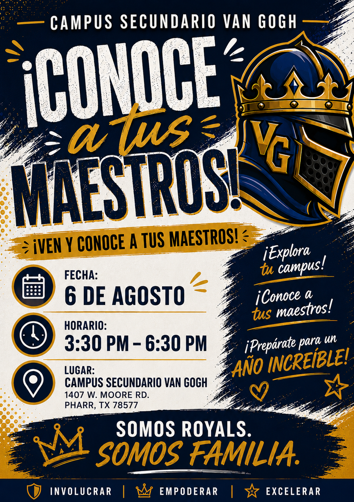 Poster with blue and black design. Text "iCONOCE A TUS MAESTROS!" above a knight's helmet. Date, time, and location listed.