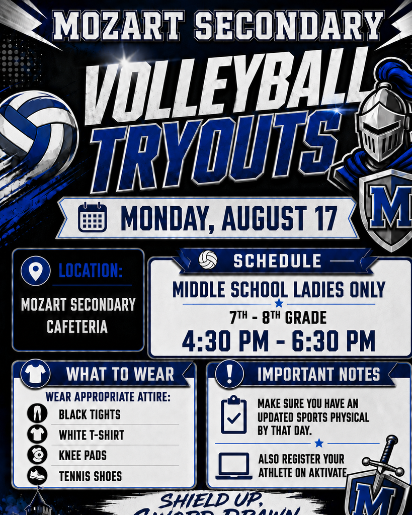 An event poster for volleyball tryouts, with details on the date, time, location, attire, and physical registration.