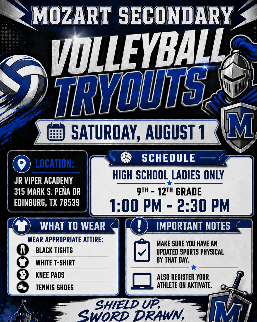 An advertisement for the Mozart Secondary Volleyball Tryouts on Saturday, August 1, includes details such as location, schedule, and attire requirements.