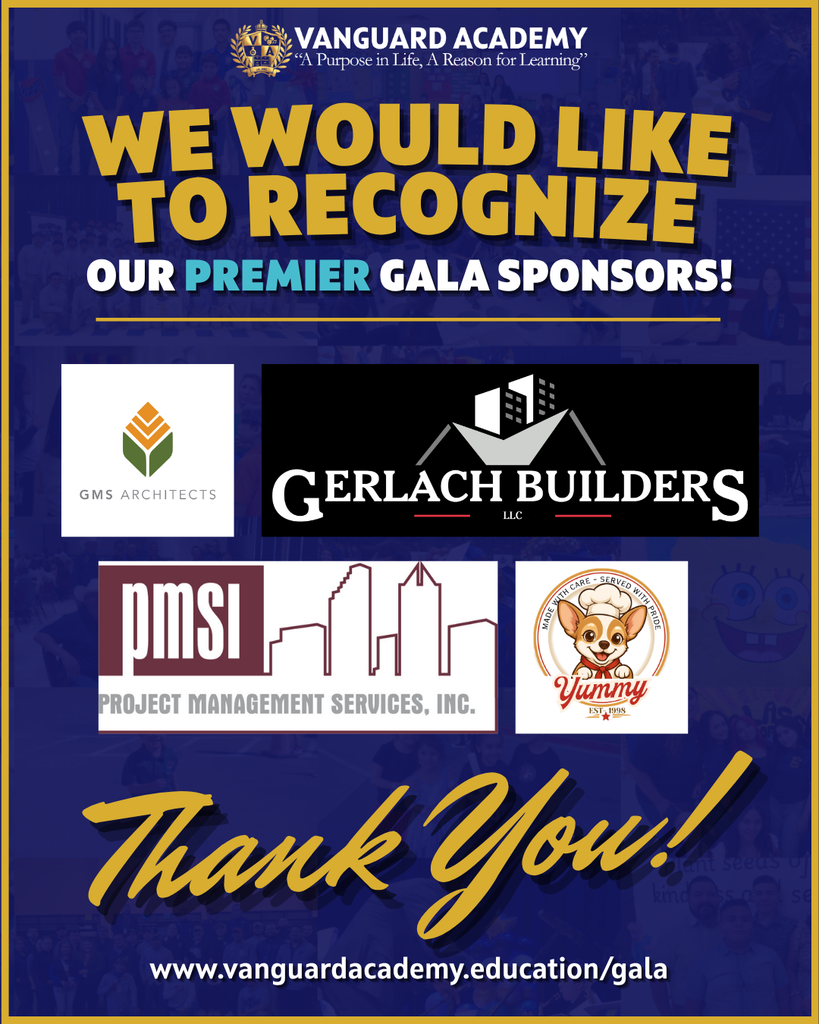 Blue background with text thanking sponsors. Logos include Vanguard Academy, GMS Architects, Gerlach Builders, PMSI, Project Management Services, Inc., and Yummy.