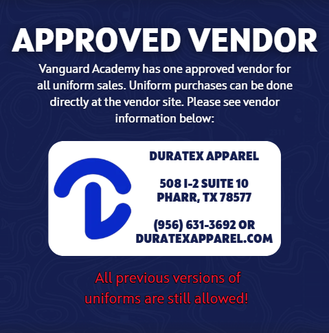 A blue banner informs about an approved vendor for uniform sales, with vendor details and contact information.