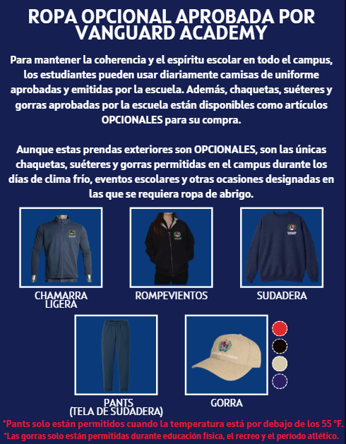A banner displays optional uniforms for Vanguard Academy. Items include sweatshirts, pants, and caps. It mentions optional items for cold days.