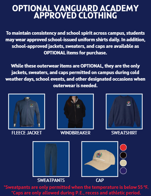 A blue poster lists optional approved clothing for Vanguard Academy. Items include fleece jackets, windbreakers, sweatshirts, sweatpants, and caps.