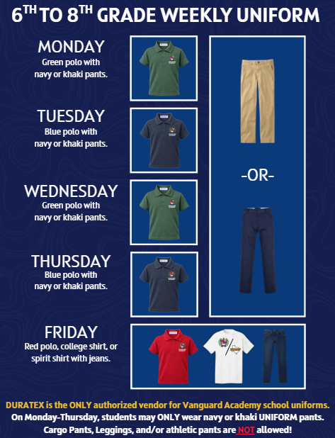 Uniform schedule with green, blue, and red polos. Pants options include navy, khaki, and cargo. Fridays allow jeans.