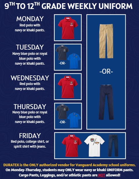 Weekly uniform schedule for 9th to 12th graders, Monday to Friday. Each day lists a specific shirt and pants color combination.