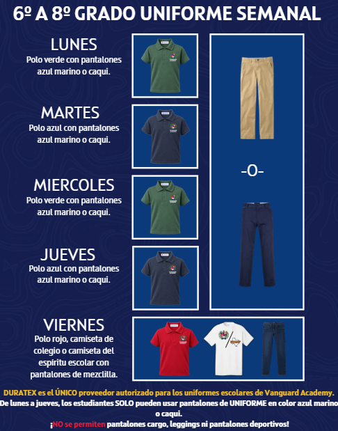 A weekly uniform schedule for 6th to 8th grade, displayed on a blue background with various clothing items, including shirts and pants.