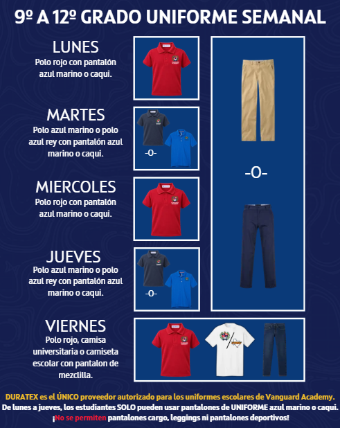 Uniform guide for each weekday: red polo, blue polo, navy pants, beige pants, and white polo with navy pants.