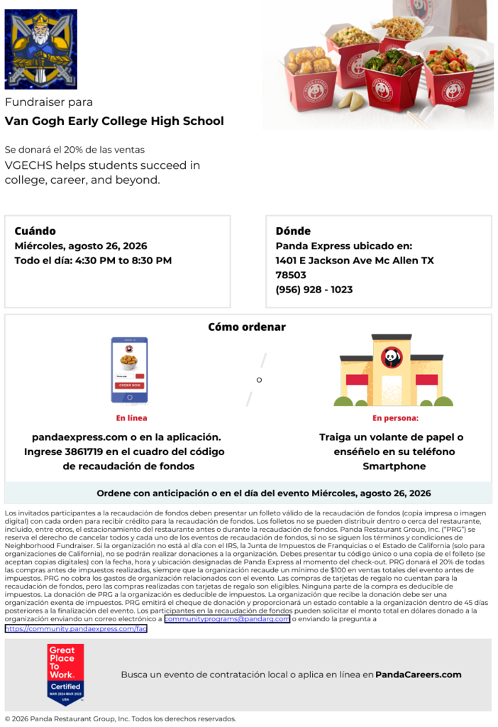 A flyer shows details of a fundraiser event for Van Gogh Early College High School, including date, time, location, and a Panda Express logo.