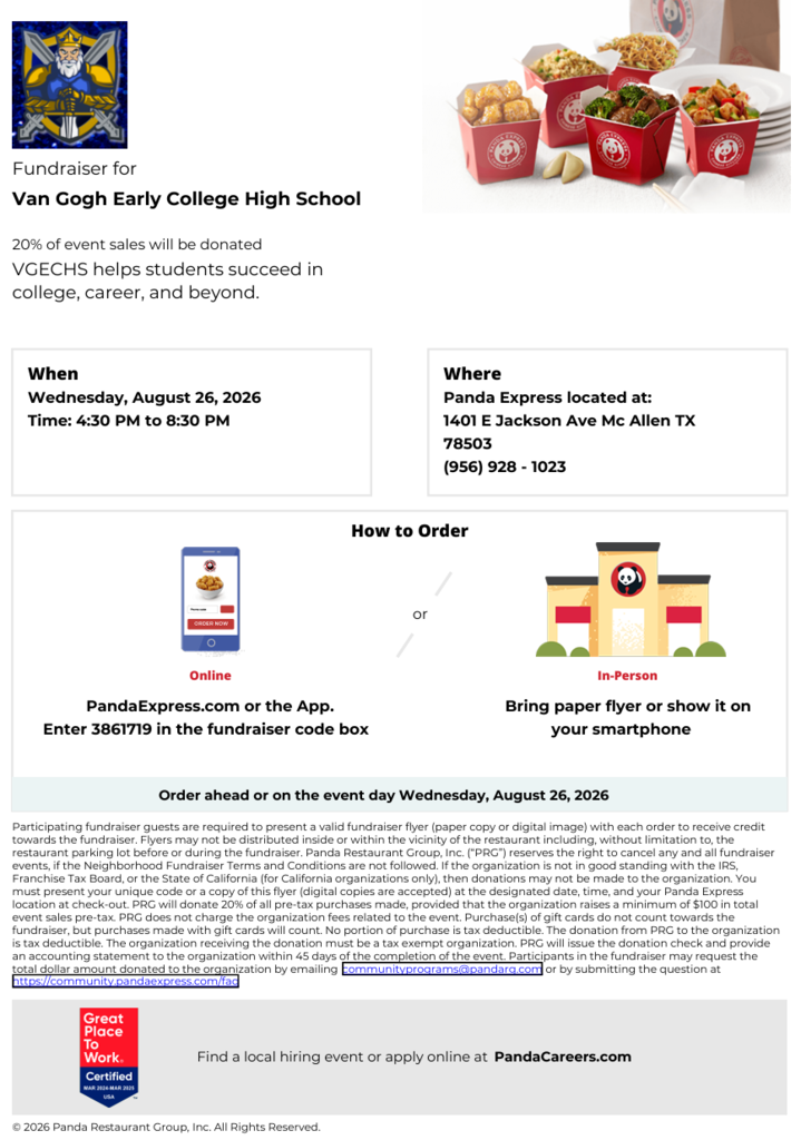 A digital flyer displays event details for Van Gogh Early College High School. It includes ordering info, address, and times.