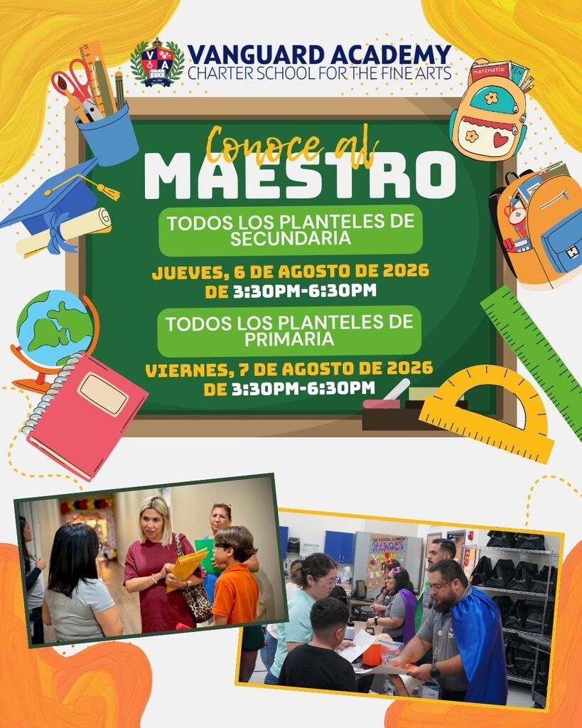 Bright background with a blackboard featuring "Concierto al Maestro" text and event details. Two photos: one of children and adults and another of a classroom.