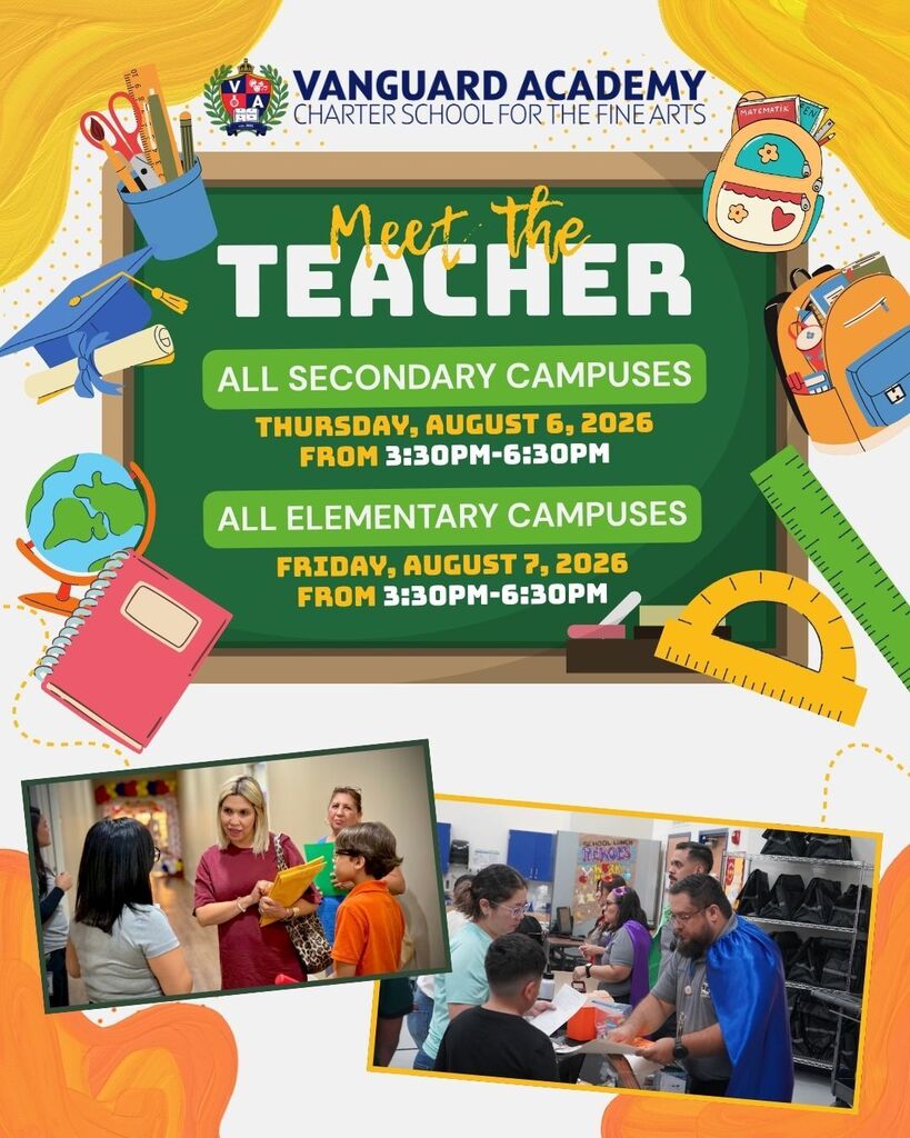 Flyer advertising "Meet the Teacher" event at Vanguard Academy charter school. Shows date, times, and images of students and teachers.