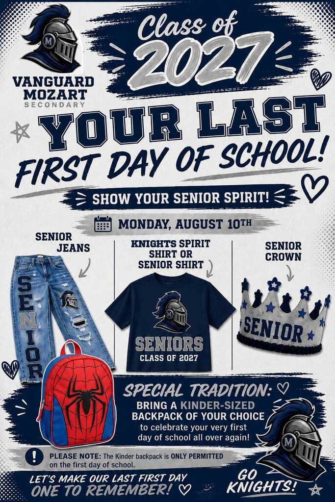 Poster with blue and white design. It features a denim jacket, a t-shirt, a crown, and a backpack.