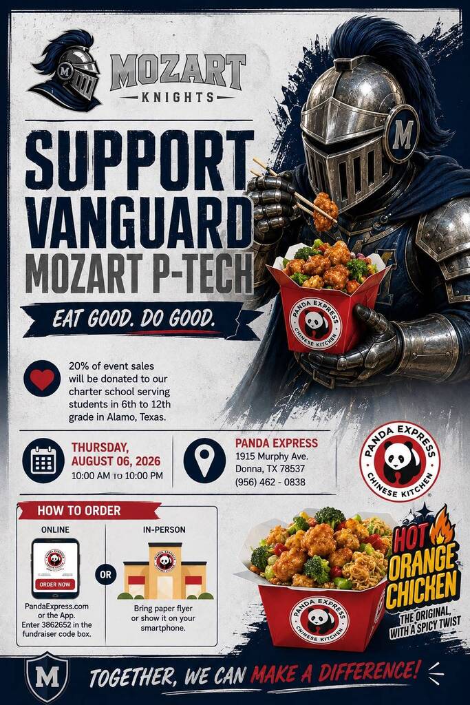 Poster for Mozart Knights. A knight in armor holds a bowl of food. Text reads "Support Vanguard Mozart P-Tech". Details for a Panda Express event.