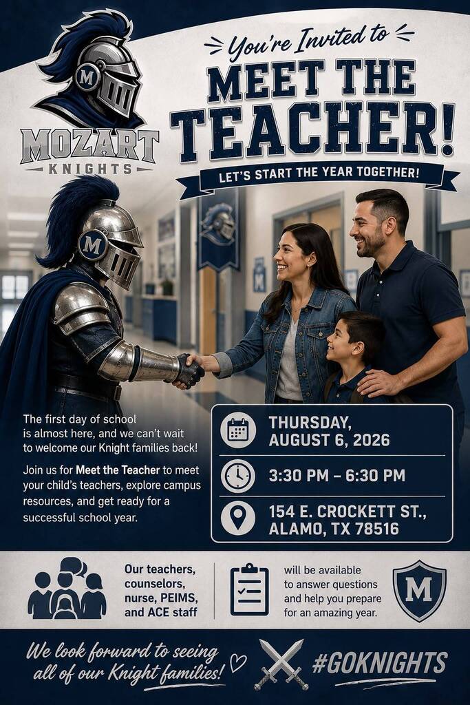 An event poster featuring a knight greeting a family, a map, and a schedule. Event details include date, time, and location.