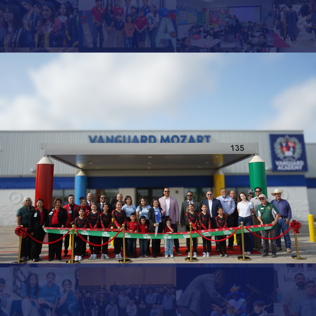 Group of people standing in front of a building. Sign reads "VANGUARD MOZART". People holding a green ribbon.