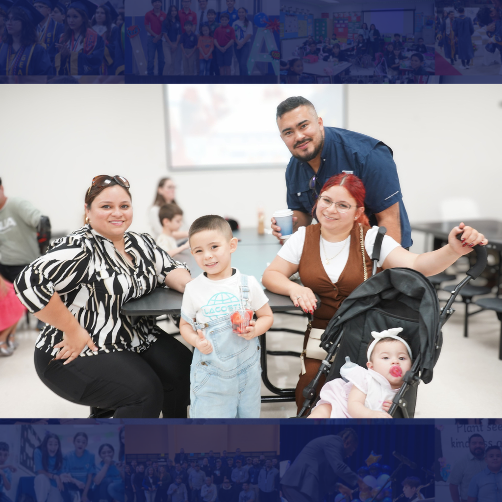Multiple photos of people inside a classroom, including two women, a man, a child, and a baby.