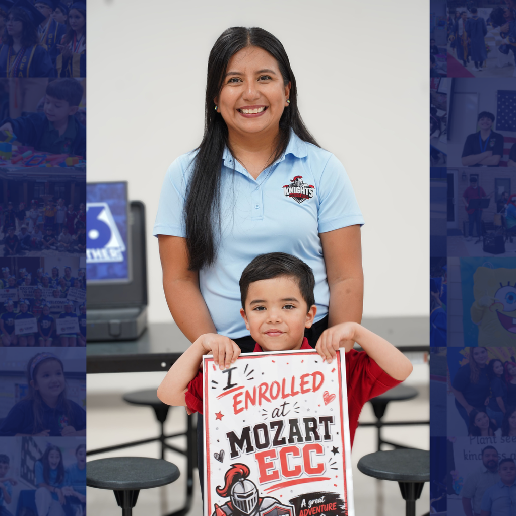 A young child holds a sign reading "Enrolled at Mozart ECC". Behind the child is a smiling woman in a blue shirt.