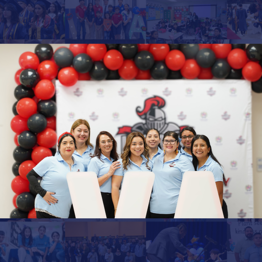 Five women in matching light blue uniforms stand behind a banner with a logo. Behind them are balloons forming an arch.