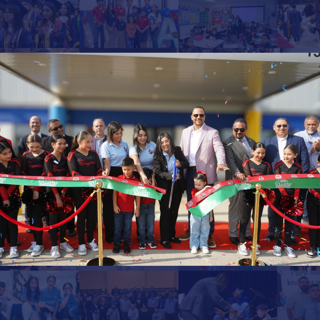 A group of adults and children standing behind a red carpet for a ribbon-cutting ceremony.