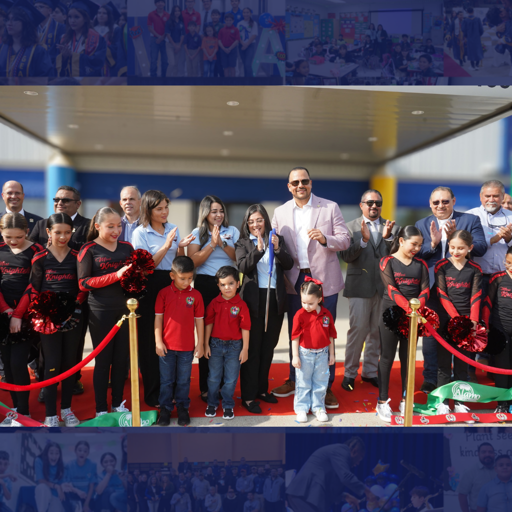 Group of adults and children stand on a red carpet for a ribbon-cutting ceremony.
