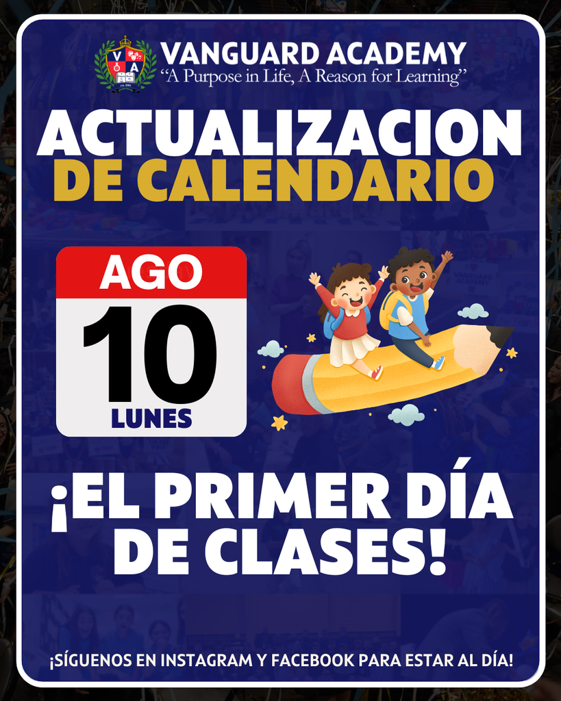 Poster with a blue background. Text reads "Actualizacion de calendario" above a pencil with children riding it.