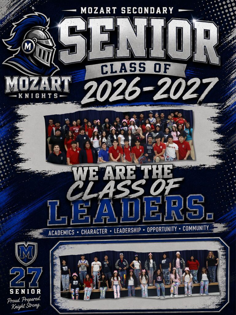 Poster with blue and white design features images of students in red and white shirts. Text reads "Senior Class of 2026-2027" and "We are the Class of Leaders."