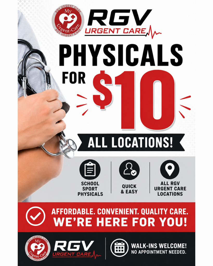 An advertisement for physical exams at RGV Urgent Care with a doctor holding a stethoscope. Prices start at $10.