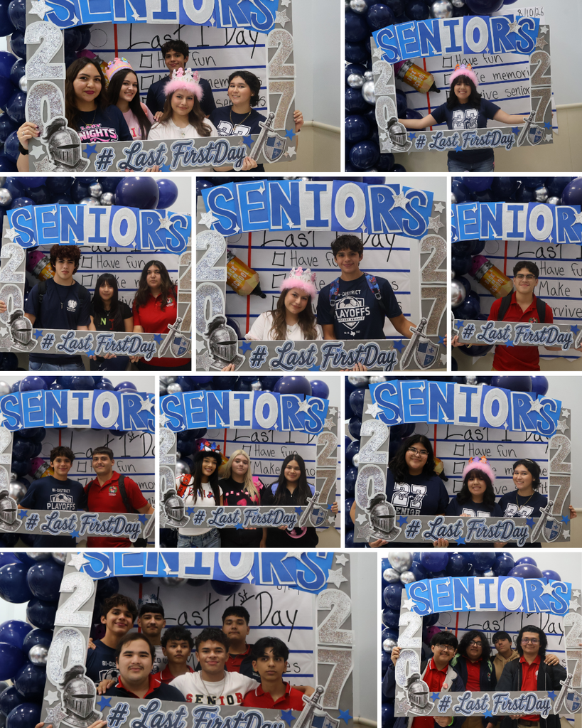 Collage of students in front of "Senior's Day 2023" sign, with balloons, wearing hats. Each photo shows different poses.